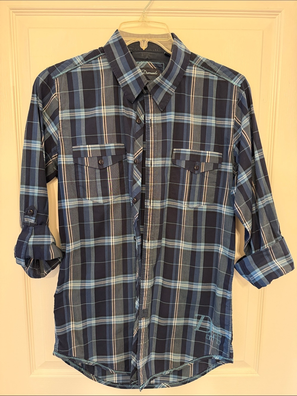 7 Diamonds Navy & Light Blue Plaid Button-Down Shirt